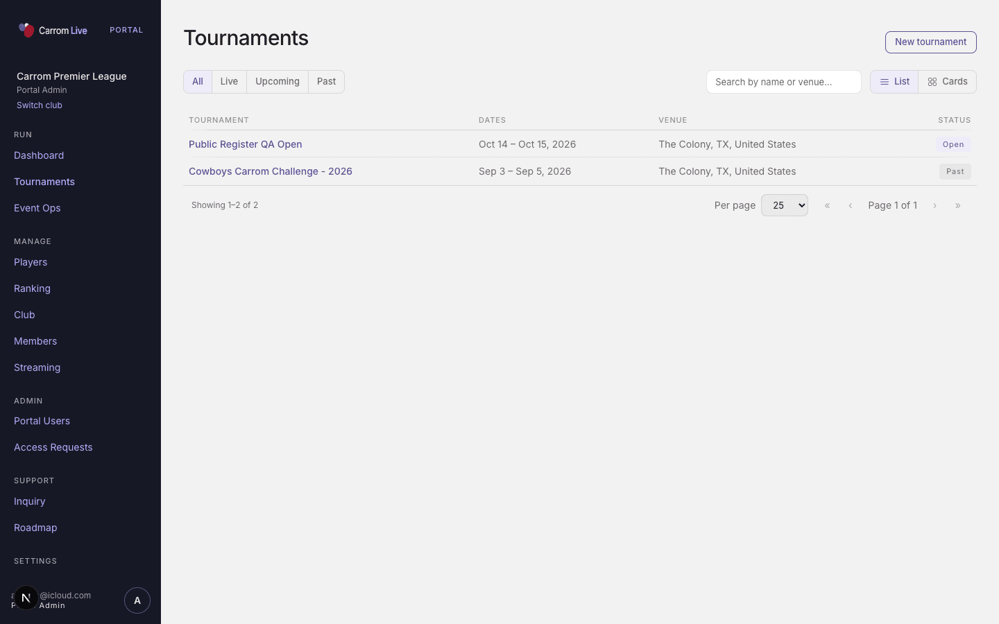 Tournaments list