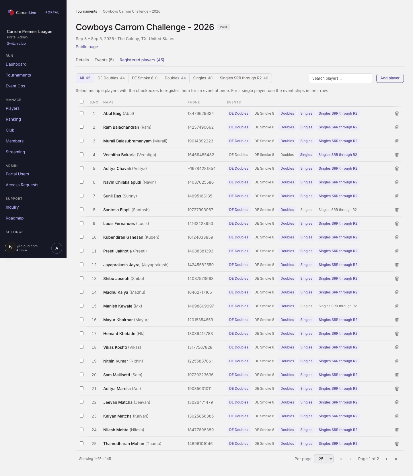 Registered players